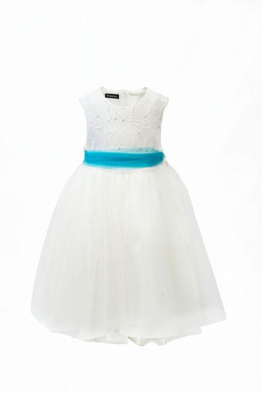 Girls Ivory Flower Dress With Turquoise Belt