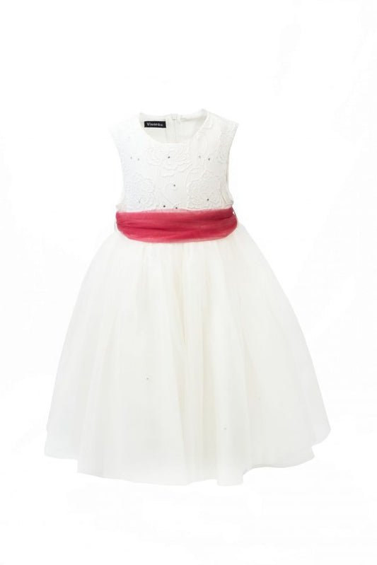 Girls Ivory Flower diamond dress with pink belt