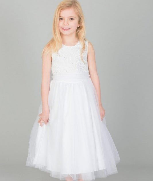 Girls White Flower Diamond Dress With White Belt